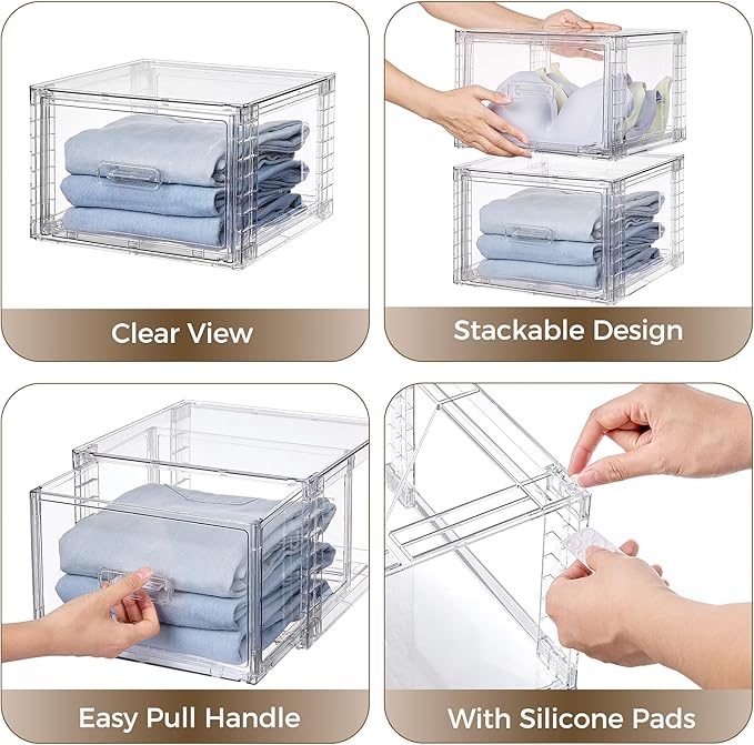 Vtopmart 4 Pack 18QT Clear Stackable Storage Drawers,Easily Assemble Closet Organizers,Plastic Storage Bins for Bathroom,Cabinet,Kitchen Pantry,Under Sink Organization(Medium)