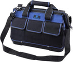 Tool Bag 16'', Multi-pocket Tool Organizer with Water Proof Plastic Base, Heavy Duty Tote with Shoulder Strap for Tool Storage, Black & Blue