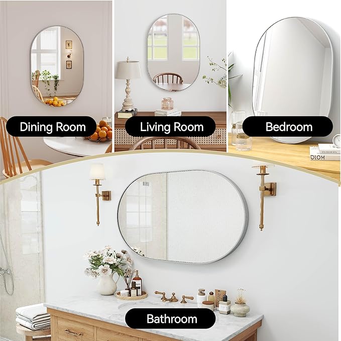 36x24 Mirror Runway Oval Wall Mounted Aluminum Alloy Metal Frame Rectangle Mirrors for Entryway Bedroom Bathroom Living Room 36 24 inch Silver