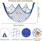 80x40 Inch Decorative Fishing Net w/Shells & Clips, 3mm Thickness Navy Blue Natural Cotton Large Photo Hanging Fishnet, Wall Party Decorations for Nautical Pirate Hawaii Mermaid Themed Party