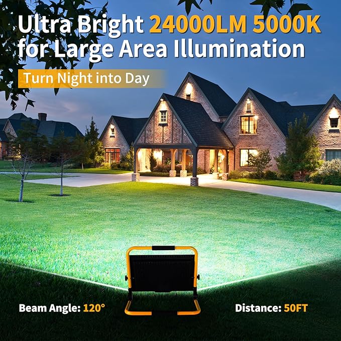24000LM LED Work Light, 200W Ultra Brighter Flood Light with 16FT Cord Switch, Portable Worklight with Stand, 5000K IP66 Waterproof Outdoor Construction Lighting for Job Site Camping Workshop Garage