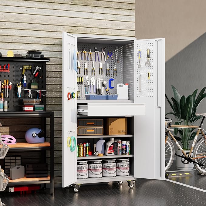 Metal Storage Cabinet with Drawers, Locking Garage Tool Cabinets on Wheels with Pegboards and Hooks for Warehouse Homes, Offices, Assembly Required(Grey&White)
