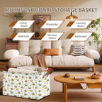 Honeybee Floral Storage Basket Large 17x11.5x10.5 Inche-Collapsible Fabric Organizer Bin with Handles for Garden Decor, Nursery, Spring Theme-Decorative Hamper with Botanical Insect-Single Pack