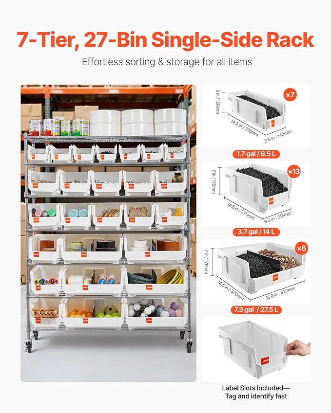VEVOR 7-Tier Rolling Bin Storage Rack, 26 Organizer Bins, Bin Rack Storage Steel Wire Shelving System with Wheels, Mobile Tool Organizer for Garage, Warehouse, Office, Restaurant, Classroom, Kitchen