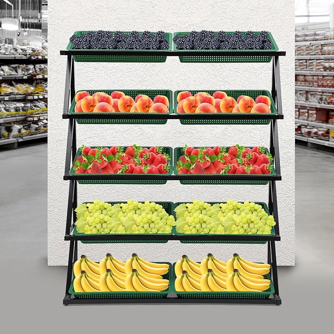 5 Tiers Retail Display Rack, Large Capacity Market Shelf Fruit and Vegetable Basket Stand Rack Set for Kitchen, Office, Store, Supremarket Utility Storage Shelves