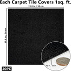 20Pcs Carpet Tiles Peel and Stick, Self Adhesive Carpet Floor Tile 12” x 12”, Black Soft Padded Flooring Sticker, Home Decor for Bedroom Living Room Office, 20 sq ft per Box
