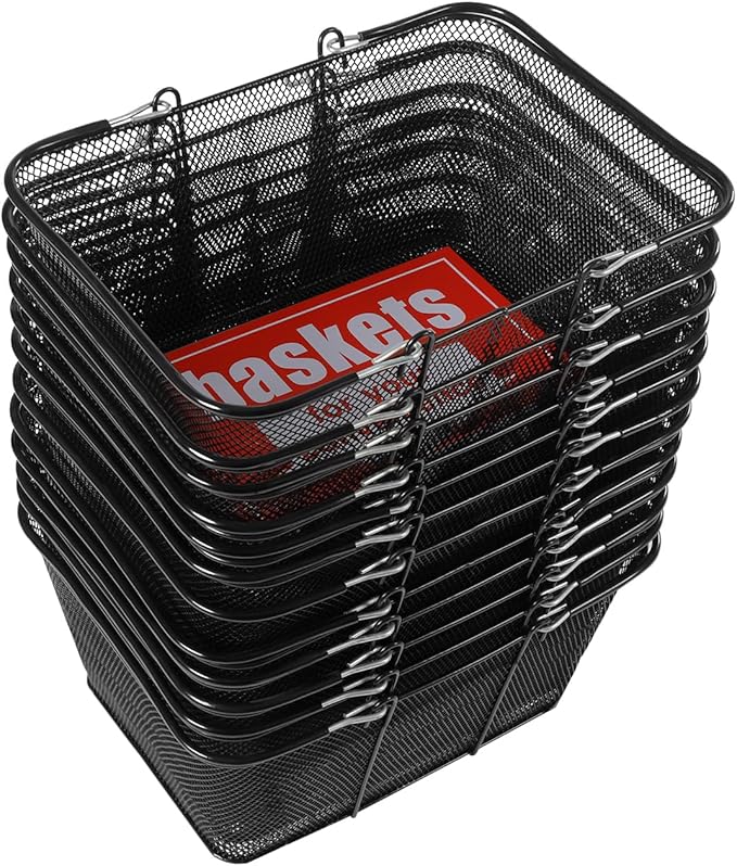 12Pcs Black Metal Shopping Basket with Handles, Portable Wire Shopping Basket, Black Wire Mesh shopping Basket Set for Supermarkets, Retail Stores.