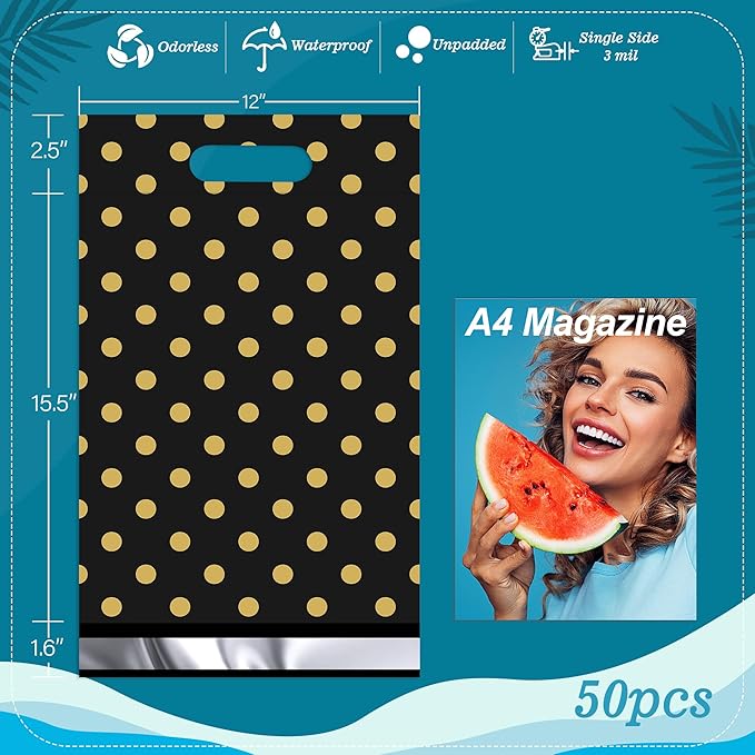 JinRuiKJ Poly Mailers with Handle 12x15.5 Inch 50 Pcs, Easy to Carry Packaging Bags for Small Business, Thank You Shipping Bags with Self Adhesive Strip, Tearproof and Waterproof - Gold Polka Dot