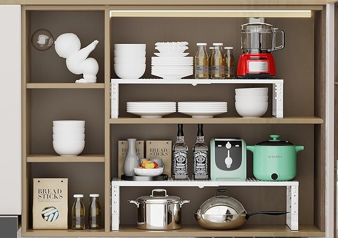 Expandable Adjustable Stackable Kitchen Organizer, Spice Rack,Metal Pantry Storage Shelves Racks,Counter Shelf for Cabinets, Countertop, Cupboard(1 Pack/Medium/White)