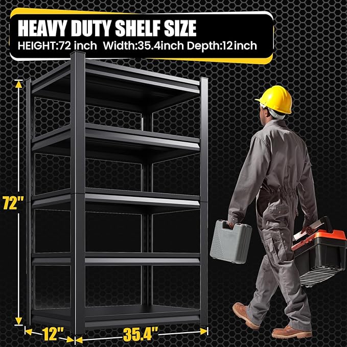 5-Tier Garage Shelving Heavy Duty, Adjustable Metal Shelving Unit, 2500LBS Garage Storage Shelves, Easy Assembly Steel Shelving, Utility Storage Rack Shelf for Warehouse, 72”H*35.4”W*12”D, 2 Pack
