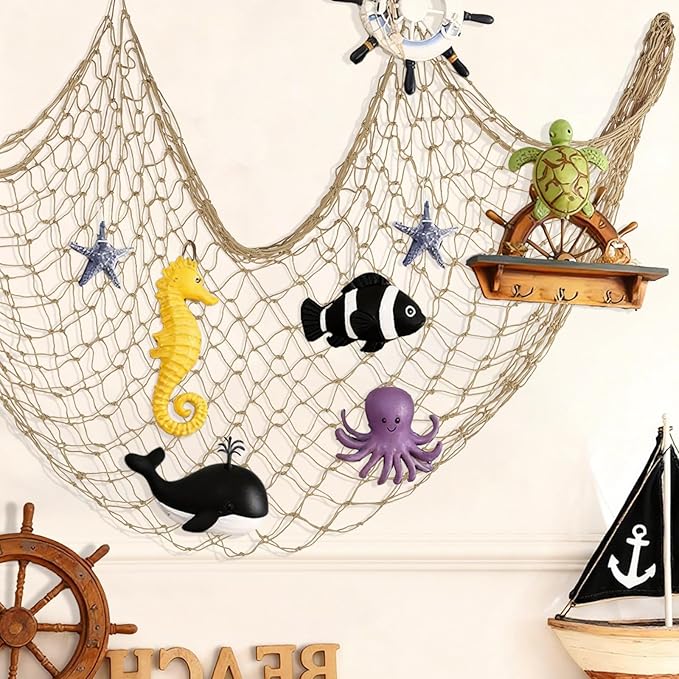 ZUEXT Caramel Decorative Fishing Net 80x40 Inch, 2 Pack Large Picture Fish Net, Wall Photo Hanging Fishnet for Nautical Mermaid Pirate Ocean Themed Hawaii Beach Under the Sea Party Decorations