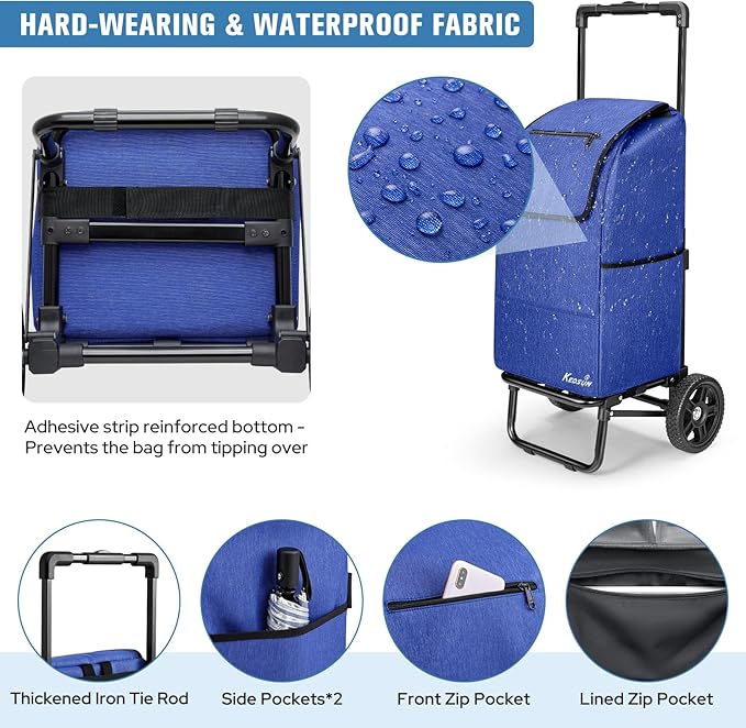 KEDSUM 2 in 1 Shopping Cart for Groceries, 330 lbs Grocery Cart on Wheels, Foldable Utility Carts with Wheels, Load-Bearing Hand Truck with Waterproof Bag for Shopping, Camping, Laundry, Garden, Blue
