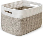 Shelf Woven Storage Basket, 15 x 10 x 9” Closet Rope Baskets For Organizing, Square Bins with Handles, White+Rice Brown 1 Pack