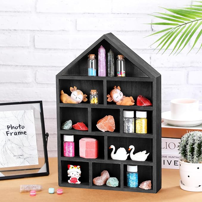 House Shaped Wooden Shadow Cubby Box 10 W x 2 1/4 D x 15 H Hanging Display Shelf Organizer Wall Mounted Curio Cabinet Wooden Display Case Miniature Shelf for Figures(Black)