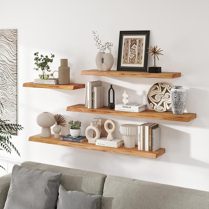 Live Edge Elm Floating Shelves For Wall - 55" W x 9.3" D Rustic Solid long Wood Shelves with Invisible Bracket, Wall-Mounted Storage & Display Shelf for Living Room Bedroom Kitchen, Set of 2, Natural