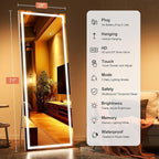 Full Length Mirror with Lights, 71" x 28" LED Lighted Floor Standing Body Mirror, Dimmable & 3 Color Lighting for Bedroom, Cloakroom, Dressing Room, Tempered Glass, Square White