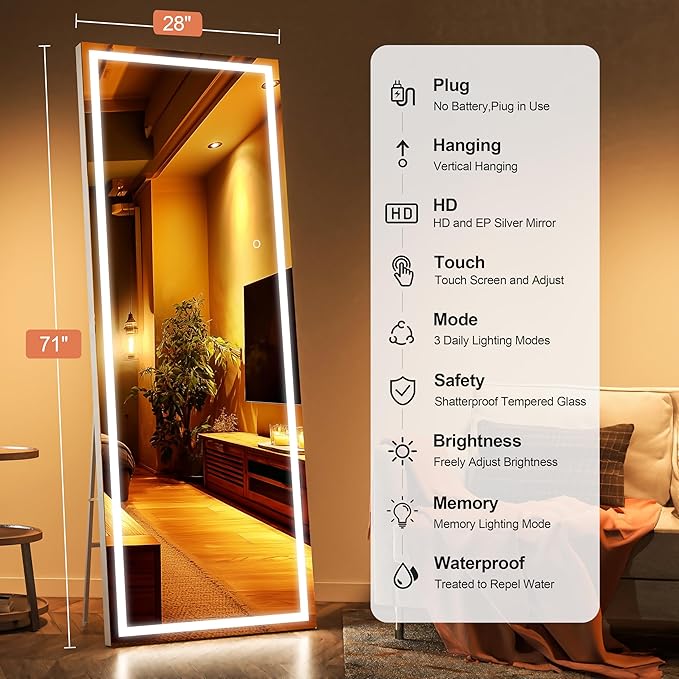 Full Length Mirror with Lights, 71" x 28" LED Lighted Floor Standing Body Mirror, Dimmable & 3 Color Lighting for Bedroom, Cloakroom, Dressing Room, Tempered Glass, Square White