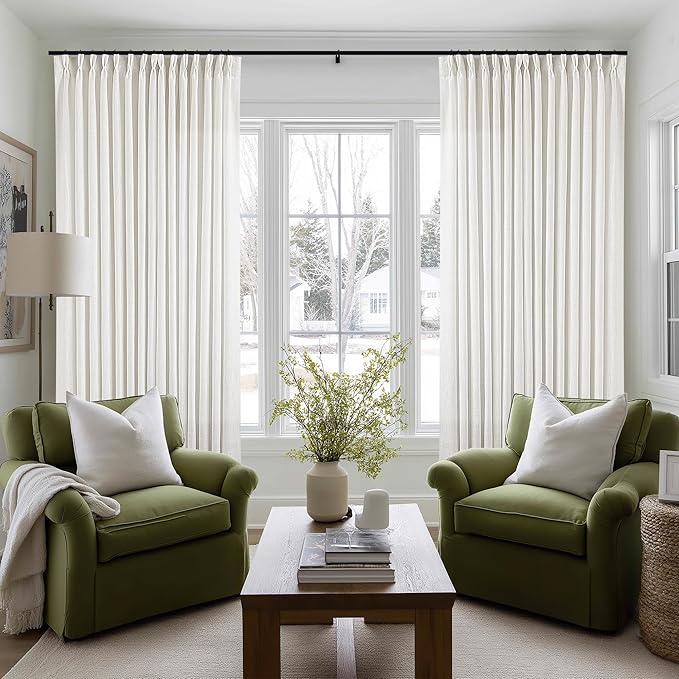 Beige White Pinch Pleated Extra Wide Curtain Panels 108 Inches Long 100 Inch Wide Linen Curtain for Sliding Glass Door Semi Sheer Hooks Rings Privacy 108 Inch Length Drape for Living Room 1 Panel