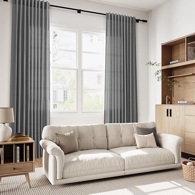 Blazer Grey Curtains 63 Inches Long 2 Panel Sets for Living Room Bedroom, Light Filtering Linen Drapes for Kitchen Windows Rod Pocket or Back Tab Curtain,Semi Sheer 52x63