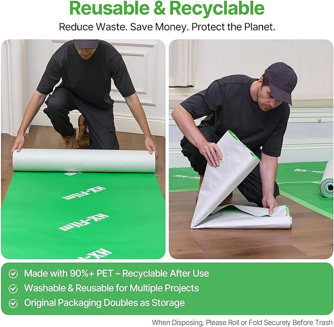 39" x 100' Heavy-Duty Floor Protection | Construction Grade Carpet Protector | Drop Cloth Plastic Film for Hardwood Floors | Waterproof Painters Covering with No Residue (Green)