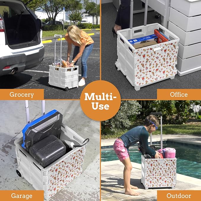 Inspired Living Ultra-Slim Rolling Collapsible Storage Pack-N-Roll Utility-carts, with Telescopic Handle, for Home, Garden, Shopping, Office, School use, Large, White, Cocktail Print