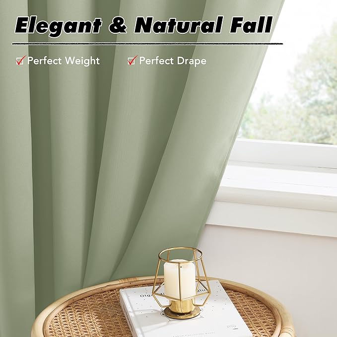 KGORGE Room Darkening Curtains 54 inch Length, Privacy Thermal Insulated Noise Reducing Small Window Treatments for Bedroom Kitchen, Back Tab Rod Pocket, W52 x L54 inches, Sage Green, 2 Panels