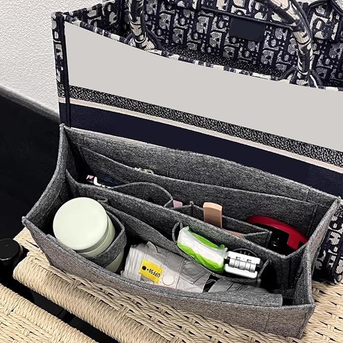 Doxo Purse Organizer Insert for Handbags, Felt Purse Organizer for Purse with 2 Sizes, Tote Bag Insert Compatible with D Large Book Tote Bags & Lv Onthego GM and More (Grey-With Cover)