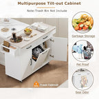 51" Moveable Kitchen Island with Trash Can Storage Cabinet, Kitchen Cart with Drop Leaf, Spice Rack, Towel Rack and Drawer, Rolling Kitchen Island on 5 Wheels with Adjustable Shelf,White