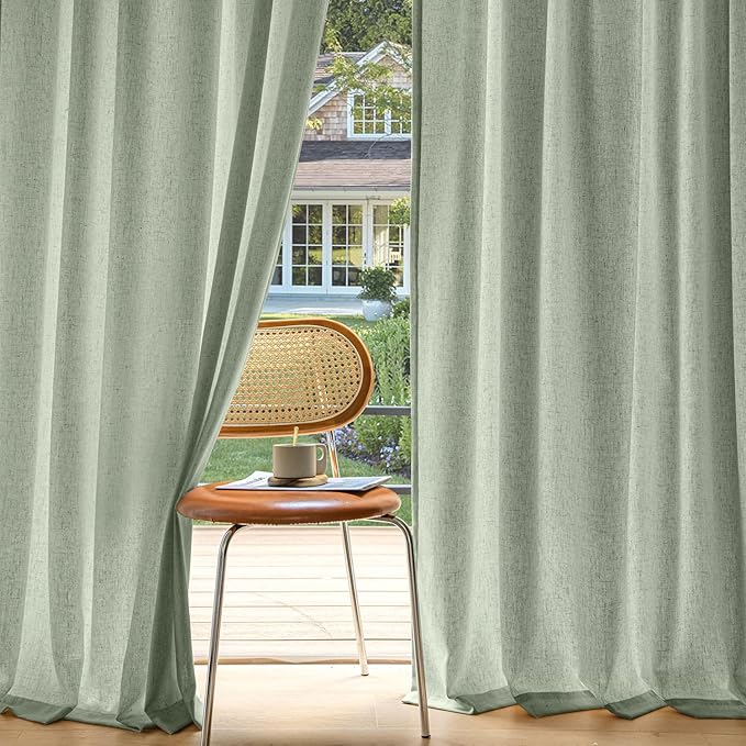 MIULEE Non-See-Through Privacy Linen Curtains 2 Panels, Sage Green Light Filtering Window Curtains 90 Inches Long, Farmhouse Textured Back Tab Semi Sheer Drapes for Bedroom Living Room, Light Green