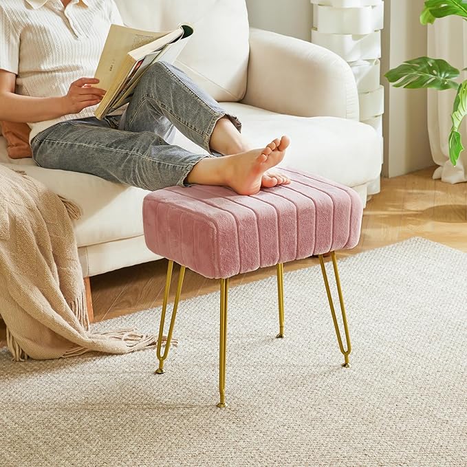 IBUYKE Velvet Rectangular Footrest Ottoman, Makeup Vanity Stool Side Table, Velvet Dressing Table Seat, Pouf Couch Stool, Golden Steel Legs, Pink LG-51P
