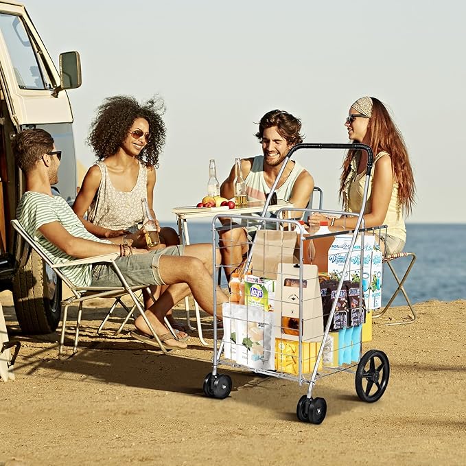 COSTWAY Folding Shopping Cart, Metal Grocery Cart with Extra Basket, 360° Swiveling Front Wheels & Comfortable Handle, Light Weight Collapsible Utility Cart for Laundry, Camping (Silver)