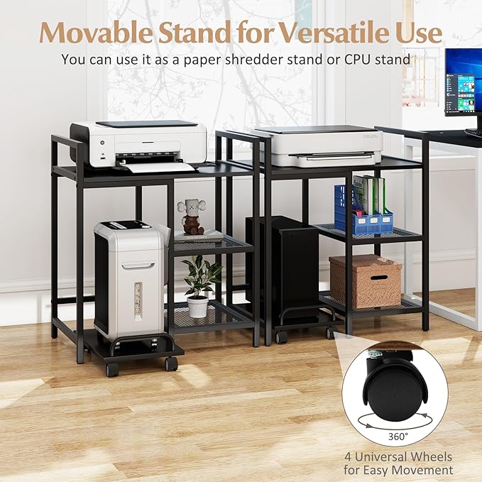 Giantex 3-Tier Printer Stand with Charging Station, 2 Open Storage Shelves, Side PC Stand on Wheels, 25" x 16" Mobile Printer Table for Computer Tower, Printer Shredder, Fax, Under Desk, Home Office