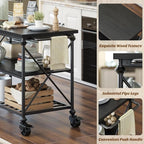 Homieasy Kitchen Island Cart with Wheels, 3-Tier Wood and Metal Rolling Kitchen Island Table with Pipe Legs, Storage Shelves & Lockable Casters for Kitchen Dining Room, Black
