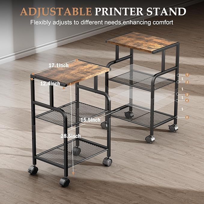 Printer Cart with Wheels,Small Printer Stand with Storage, Printer Table for Home Office, 3 Tier Cart with Adjustable Shelf, Supports Up to 80 Lbs for Home Office, Kitchen, Living Room