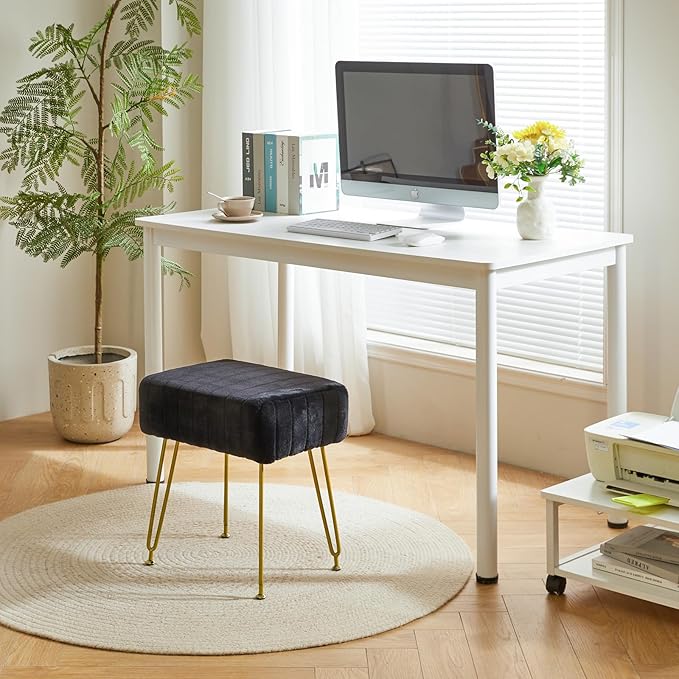 IBUYKE Velvet Rectangular Footrest Ottoman, Makeup Vanity Stool Side Table, Dressing Table Seat, Pouf Couch Stool, Golden Steel Legs, Black LG-51B