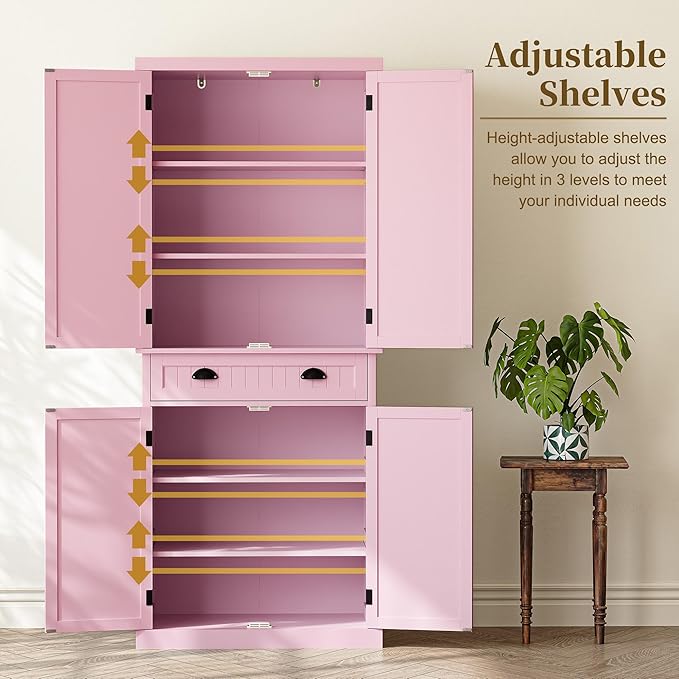 ARTPOWER 72" Tall Kitchen Pantry Storage Cabinet with Drawer and Adjustable Shelves, Pantry Cabinet for Kitchen, Bathroom or Hallway, Pink