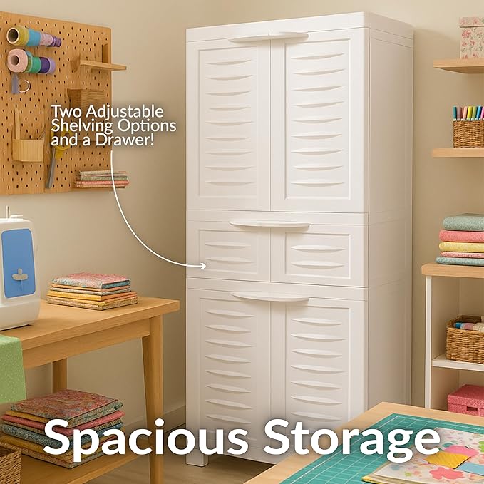 Sunnydaze Plastic Garage Storage Cabinet with 2 Adjustable Shelves - 57" H - Garage, Office, Home, Laundry Room - Speckled White
