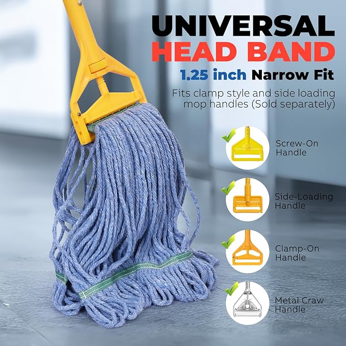Onesimus 24 oz Mop Head Replacement, Industrial Mops for Floor Cleaning Heavy Duty 4-Ply Cotton Blend Looped End Wet Mop Refills 1.25 in Universal Headband Fit Most Handles, 6 Pack X-Large Blue