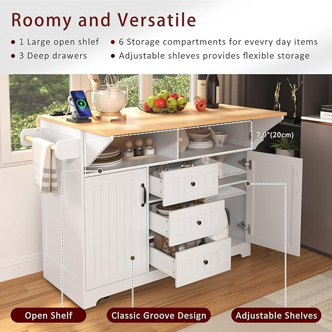 Merax 55.7" Upgraded Large Kitchen Cart Island on Wheels with 2 Drop Leaf,Power Outlet,3 Drawers,Wood Storage Cabinet