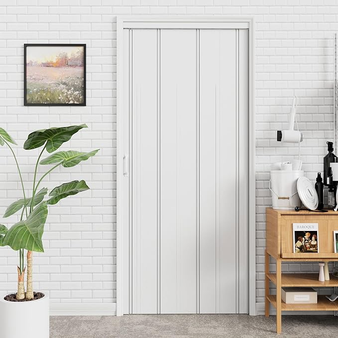 49-60 x 80in Enhanced Accordion Doors Interior Folding Door, White PVC Accordion Door with Upgraded Roller & Handle & Complete Hardware, for Closet Bathroom Doorways