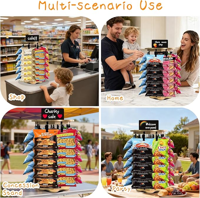 Chip Rack Display Stand 360° Rotating 5 Tiers 40 Clips Bar Snack Organizer Retail Display Rack Wooden Base Candy Holder for Concession Stand Countertop Party Store With Message Board (Flower)