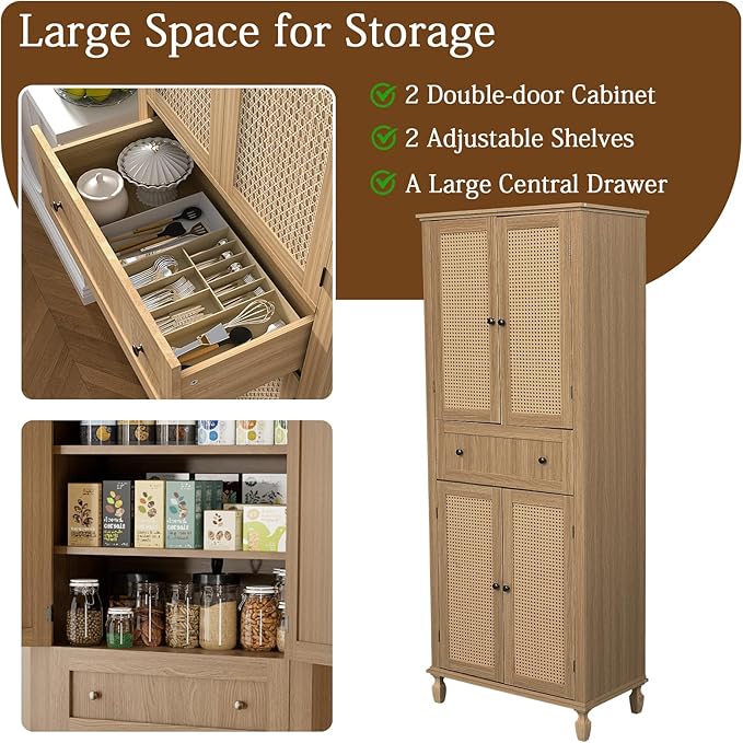 72 inch Kitchen Pantry Storage Cabinet, Freestanding Pantry Cabinet, Tall Cabinets with Doors and Shelves,Freestanding Cupboard with Adjustable Shelves for Dining Room，Natural