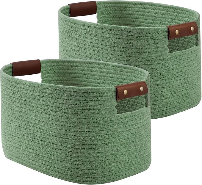 Cotton Rope Basket, Storage Baskets with Handle, 15x10x9 Inch Woven Basket for Shelves, Laundry, Towels, Clothes, Books (Green 2Pack)