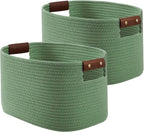 Cotton Rope Basket, Storage Baskets with Handle, 15x10x9 Inch Woven Basket for Shelves, Laundry, Towels, Clothes, Books (Green 2Pack)