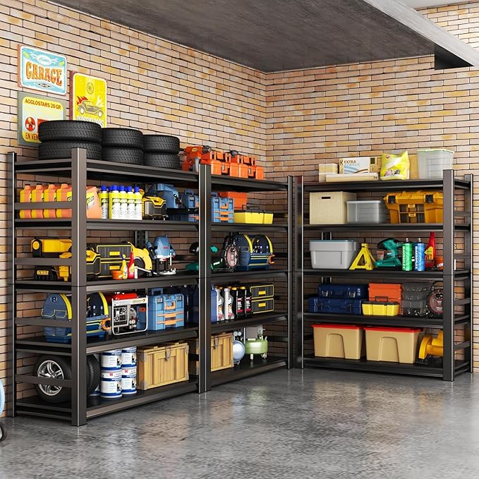 Garage Shelving Units, Heavy Duty 5-Tier Storage Shelves, Metal Adjustable Storage Rack, Steel Shelves, 2750 lbs Capacity, Industrial Shelving for Heavy Tools (Black, 5TIER 16"Dx32"Wx63"H, 5TIER)