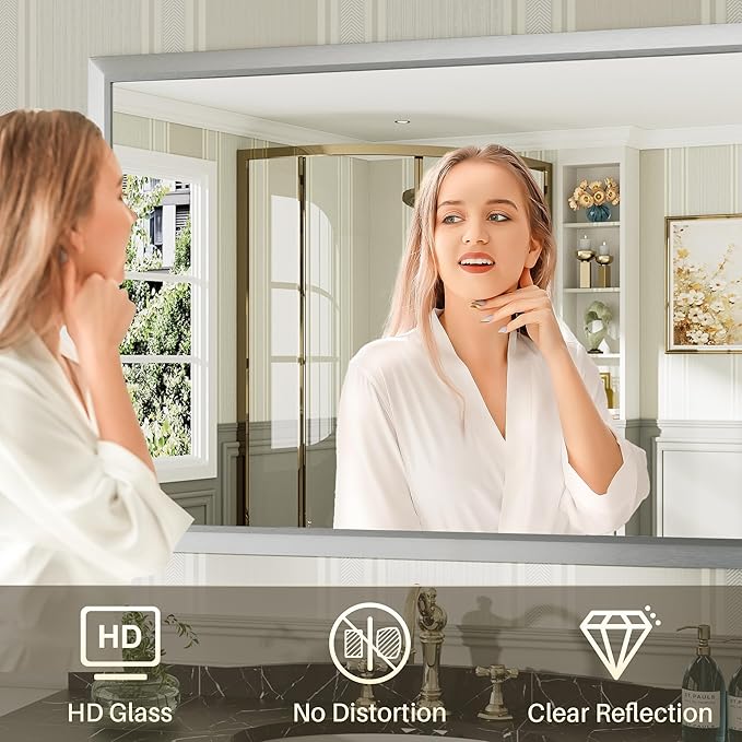 48x32 Inch Brushed Nickel Bathroom Mirror for Wall, Thick Metal Framed Rectangle Mirrors for Over Sink, Bedroom, Living Room, Entryway, Anti-Rust, HD Tempered Glass