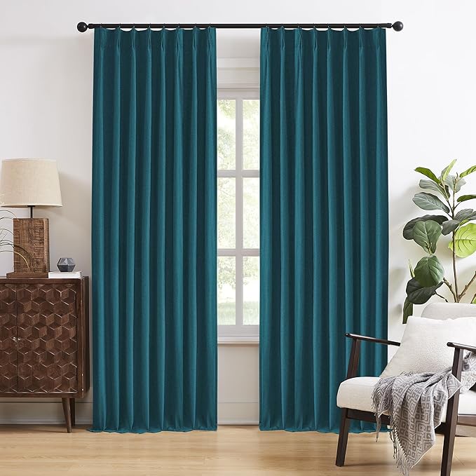 DUALIFE Dark Teal Blue Pinch Pleated Blackout Curtains 95 Inches Long, Back Tab with Hooks, Linen Full Black Out Thermal Insulated Track Curtain for Bedroom Living Room,50 Wx95 L, 2 Panels