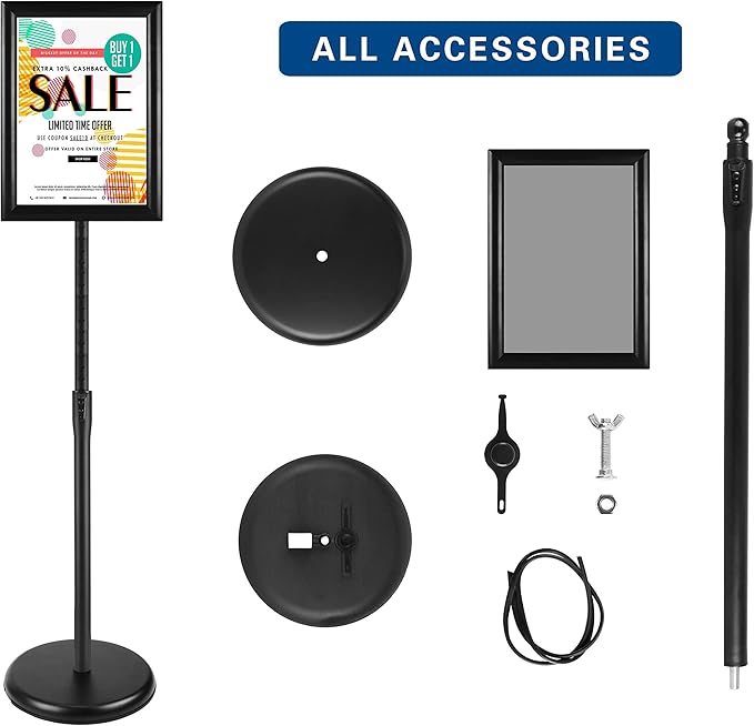 Pedestal Floor Standing Sign Holder 11x17 Inch, Adjustable Poster Sign Stand Aluminum Snap Open Frame for Display Notice/Poster/Advertisement (Black)