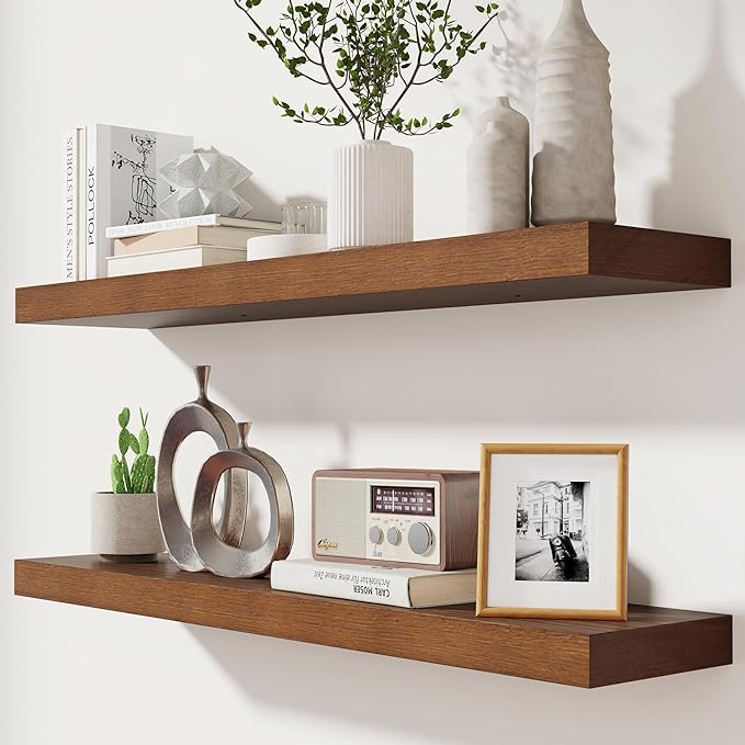 fuqing Rustic Floating Shelves for Wall, 36 Inch Floating Shelves Set of 2, Solid Dark Wood Wall Shelves for Living Room Bedroom Bathroom