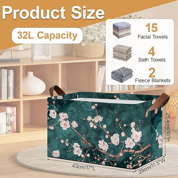 Plum Blossom Storage Bin with Handles, Basket Storage Organizer for Shelves, Closet, Nursery, Book, Laundry Hamper & Home Decor